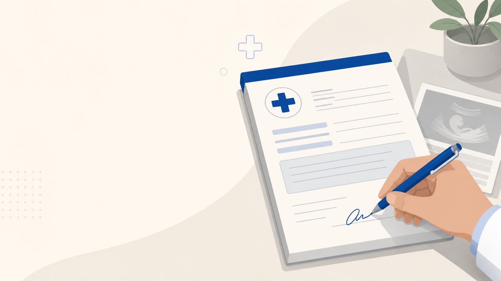 Editorial illustration of a doctor's prescription pad and clipboard on a desk with a hand reaching to sign — referral for ultrasound concept