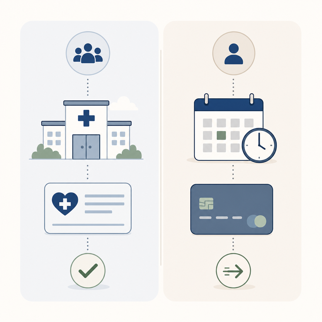 Side-by-side flat illustration of two paths: MSP public path (clinical building, doctor with referral document) versus Private Pay path (walk-in clinic without paperwork)